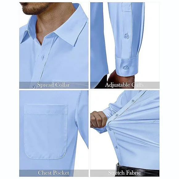 Mens Dress Shirts 4-Way Stretch Long Sleeve Collared Casual Light Blue - Picture 5 of 6